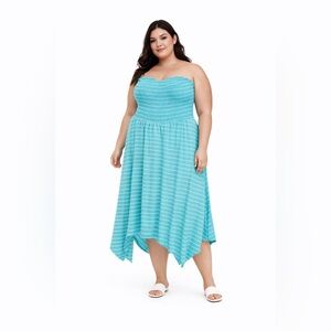 Torrid Plus Size 3X Blue White Striped Strapless Midi Dress Asymmetrical Hem
